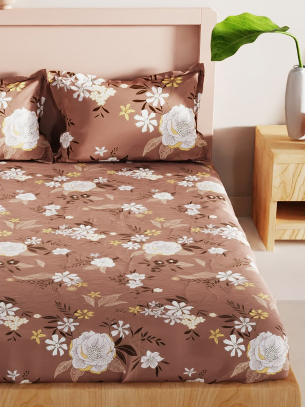 BIANCA Brown & White Floral 186 TC King Bedsheet with 2 Pillow Covers | Grocsy