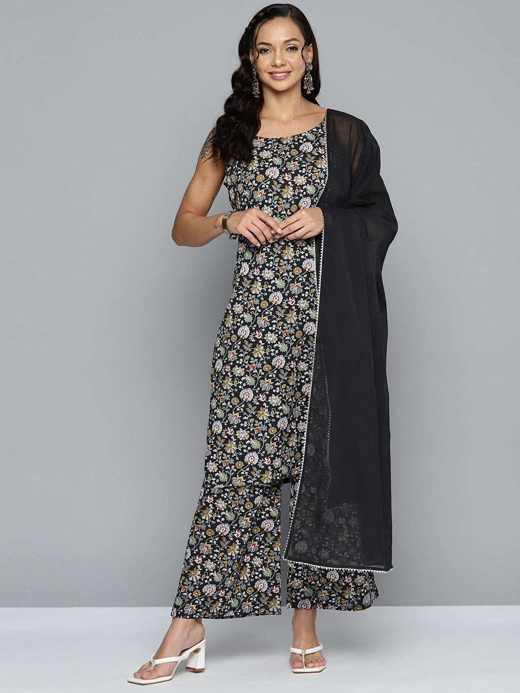 HERE&NOW Women Floral Printed Regular Pure Cotton Kurta with Palazzos & Dupatta | Grocsy