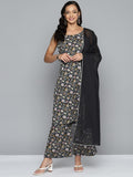 HERE&NOW Women Floral Printed Regular Pure Cotton Kurta with Palazzos & Dupatta | Grocsy