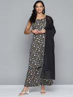 HERE&NOW Women Floral Printed Regular Pure Cotton Kurta with Palazzos & Dupatta | Grocsy