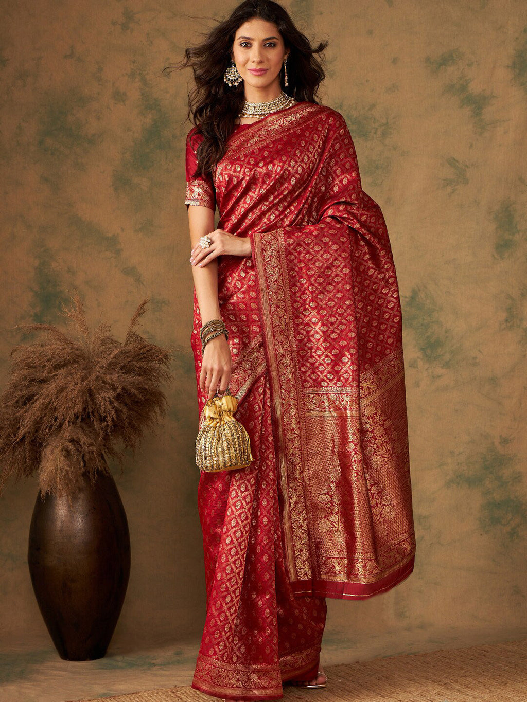 Sangria Red & Gold Toned Ethnic Motifs Woven Design Zari Banarasi Saree | Grocsy