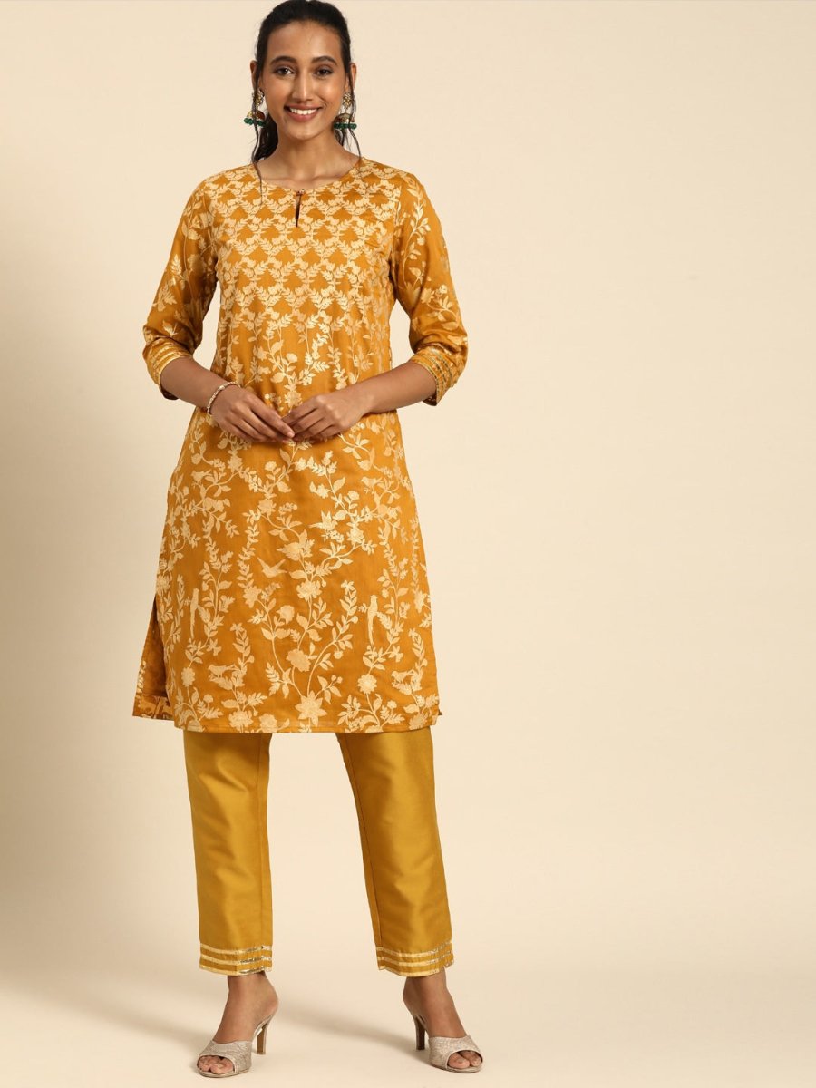 All About You Women Mustard Yellow Ethnic Motifs Printed Regular Kurta with Trousers | Grocsy
