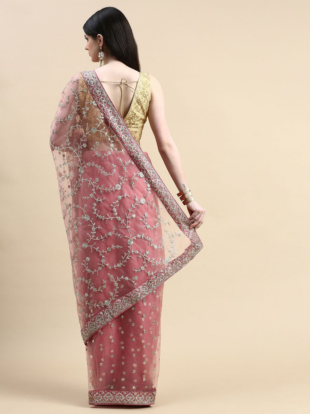kasee Floral Embroidered Sequinned Net Saree | Grocsy