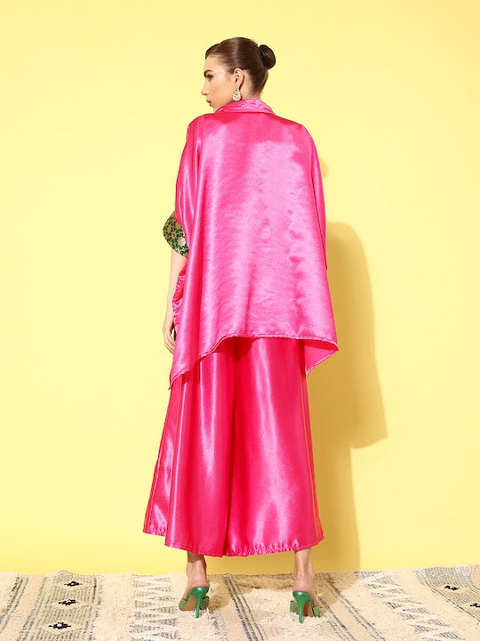InWeave Women's Pink Green Brocade Satin Boho Kurta Palazzo Set | Grocsy