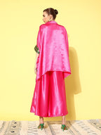 InWeave Women's Pink Green Brocade Satin Boho Kurta Palazzo Set | Grocsy