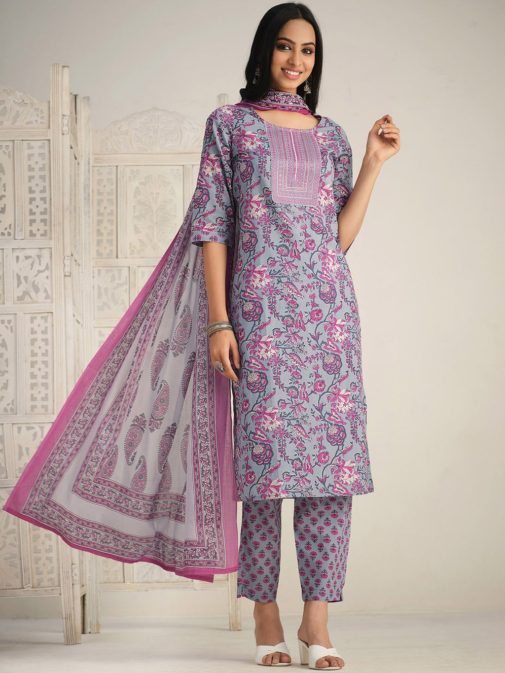 Sangria Floral Printed Gotta Patti Kurta With Trouser & Dupatta | Grocsy