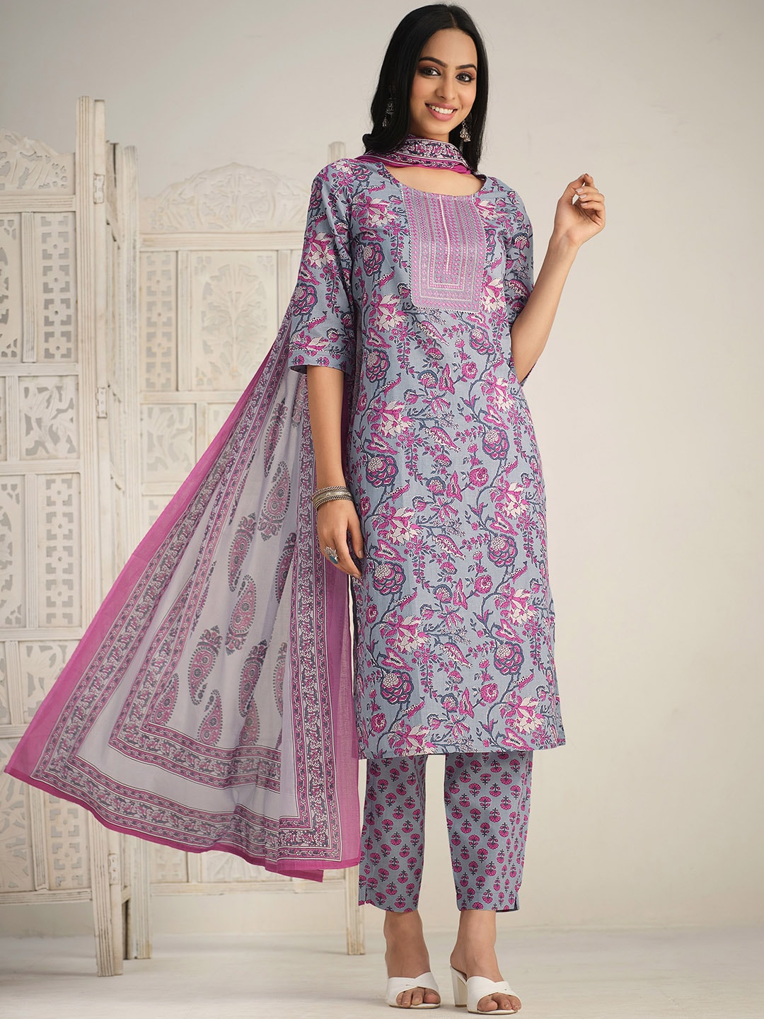 Sangria Floral Printed Gotta Patti Kurta With Trouser & Dupatta | Grocsy