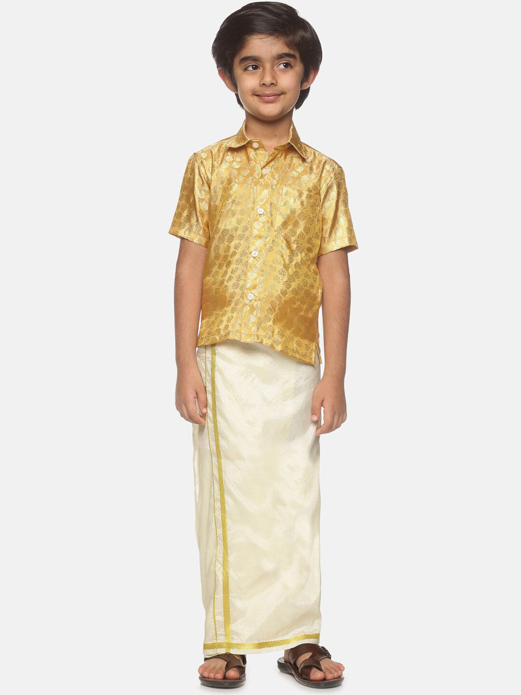 Sethukrishna Boys Gold-Toned Self Design Shirt with Dhoti | Grocsy