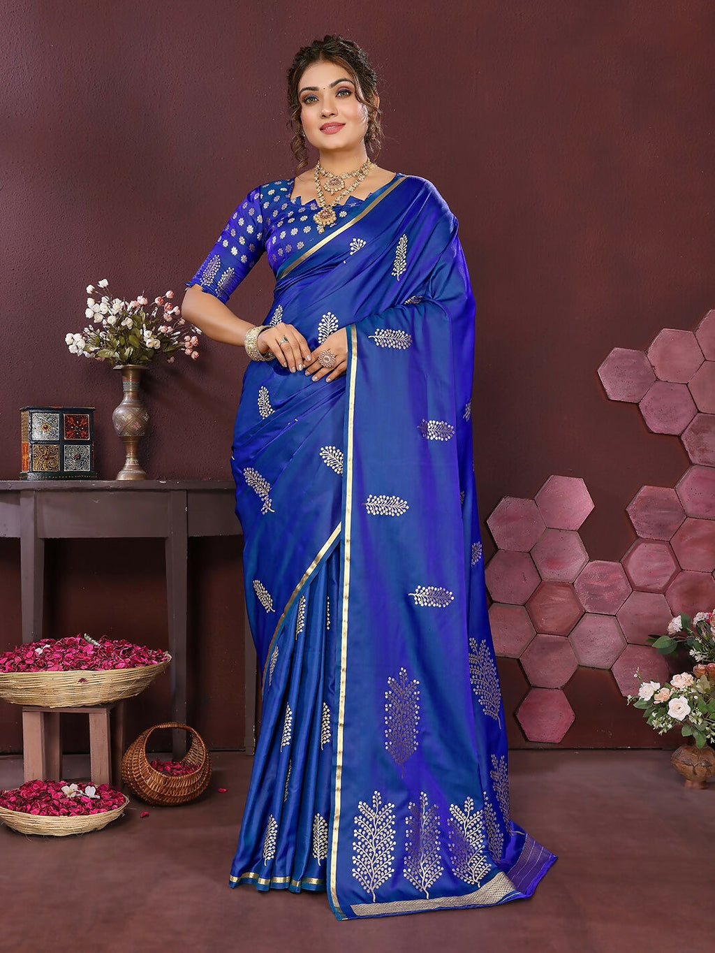 Joban Fashion Royal Blue Floral Motifs Banarasi Silk Sarees | Grocsy