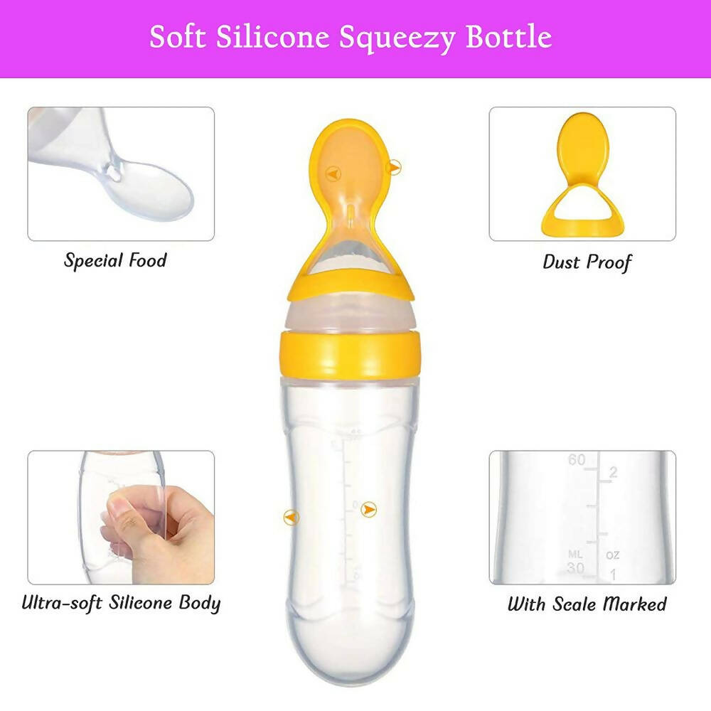 Safe-O-Kid Easy Squeezy Silicone Food Feeder Spoon (Soft Tip) Bottle- Yellow- 90mL | Grocsy