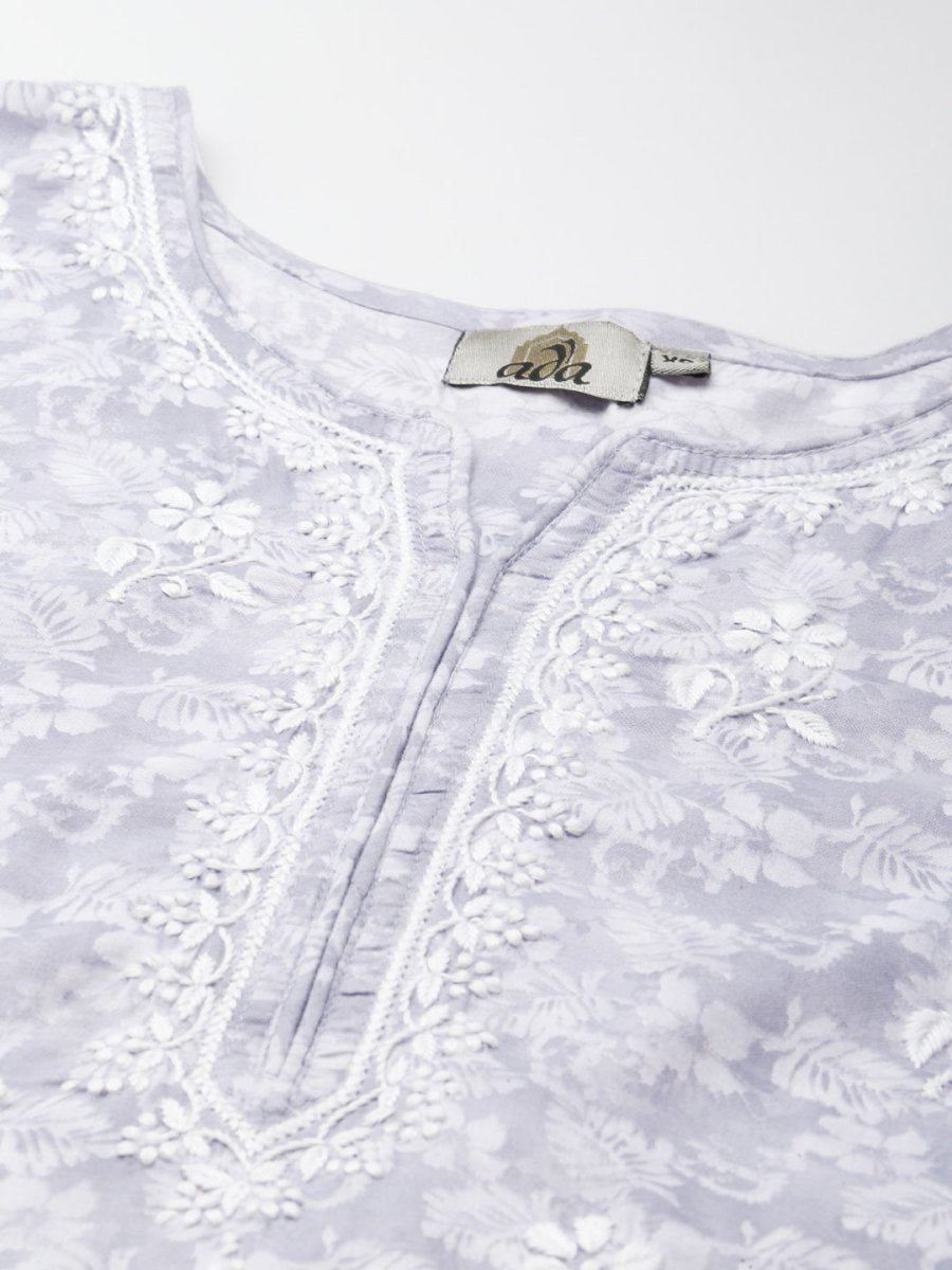ADA Women Grey & White Floral Chikankari Cotton Handloom Kurta | Grocsy