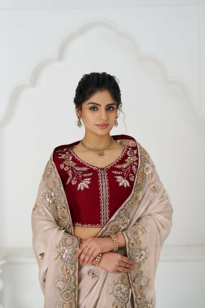 Kesar Fab Chiku Color Stunning Fendi Silk With Zari & Sequins Elegance Saree | Grocsy
