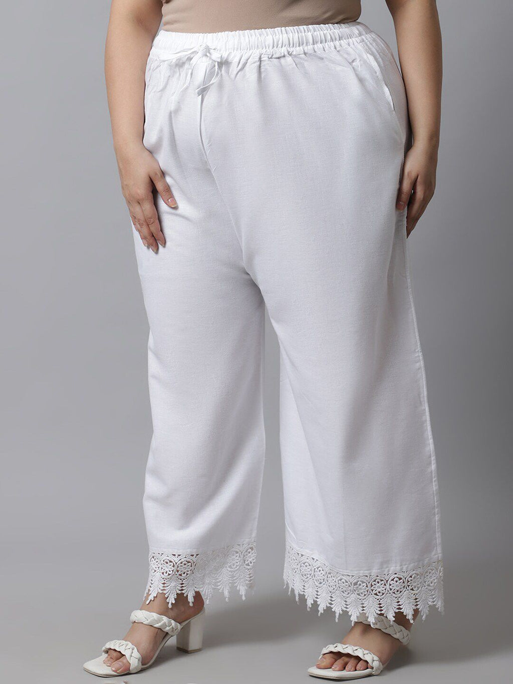 TAG 7 Women Plus Size White Solid Linen Ethnic Palazzos | Grocsy