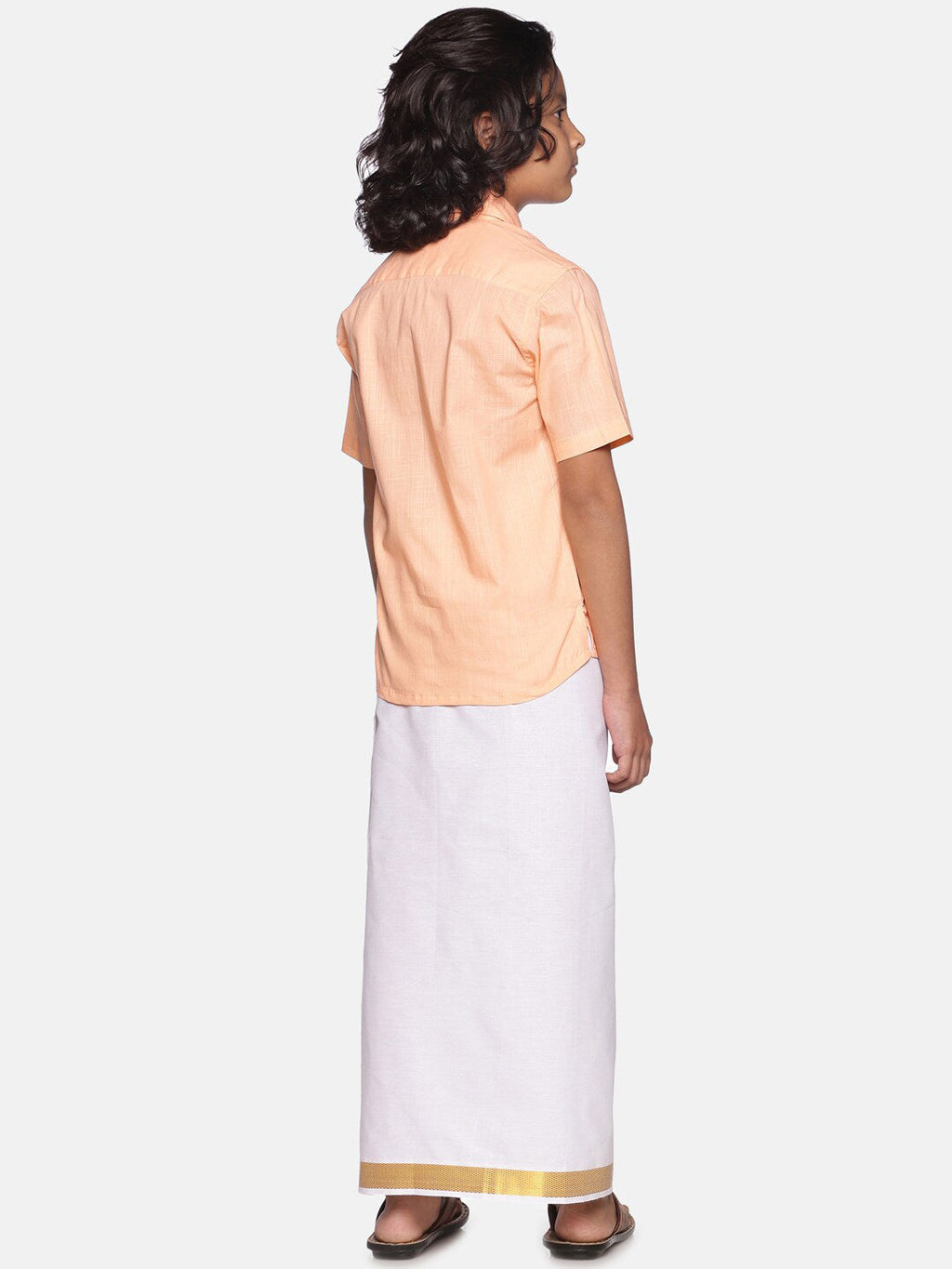 Sethukrishna Boys Orange & White Solid Cotton Shirt & Dhoti Set | Grocsy