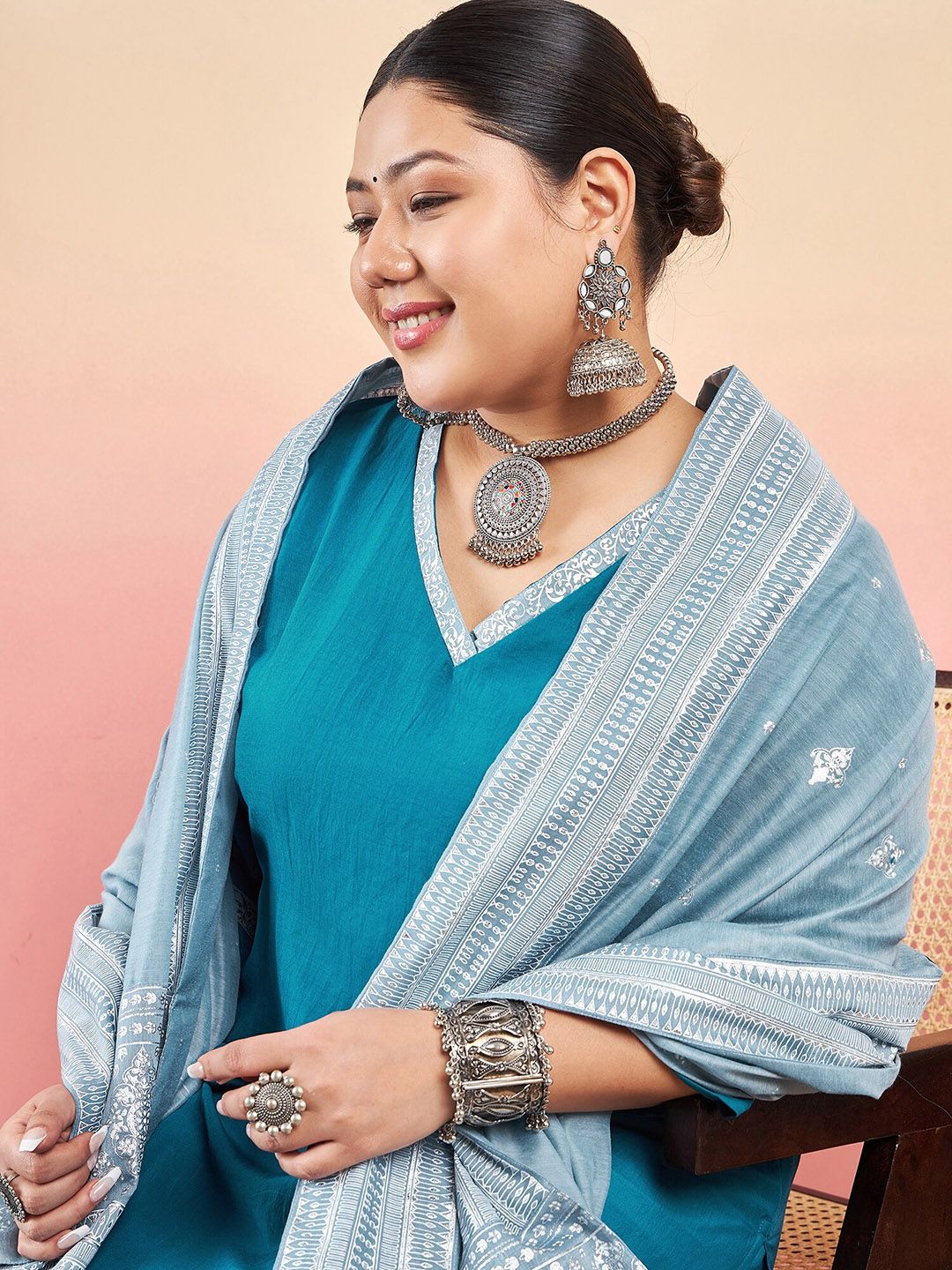Sztori V-Neck Straight Kurta With Trouser & Dupatta | Grocsy