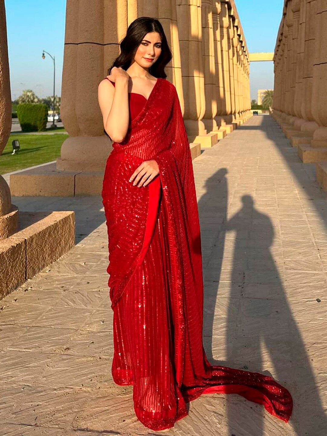Sangria Red Embellished Pure Georgette Saree | Grocsy