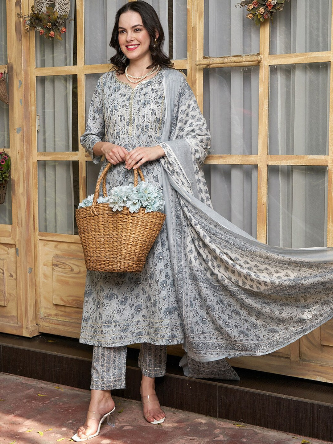 Sangria Floral-Printed Pure-Cotton Anarkali Kurta With Trouser & Dupatta | Grocsy