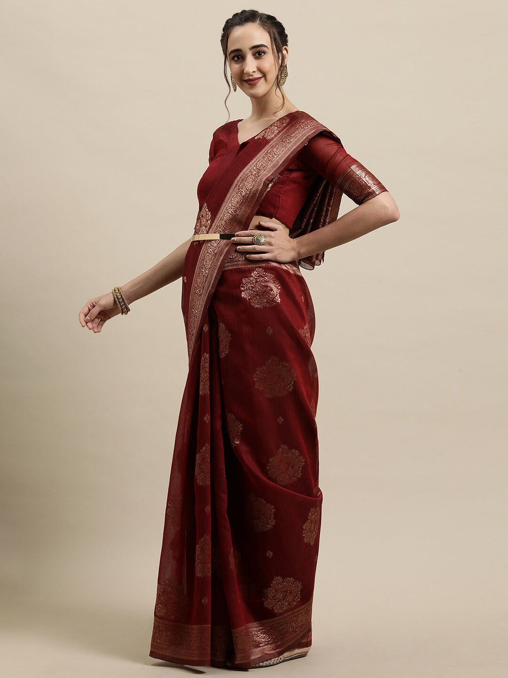 Saree Mall Maroon & Gold-Toned Ethnic Motifs Zari Silk Blend Banarasi Sarees | Grocsy