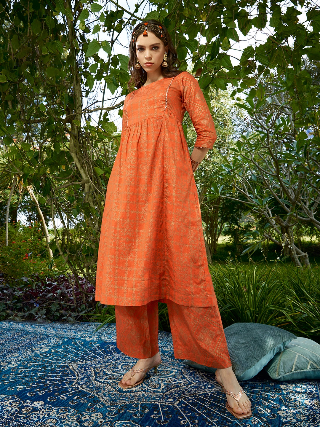 Sangria Women Orange and Golden Ethnic Printed Pure Cotton Kurta with Palazzos | Grocsy