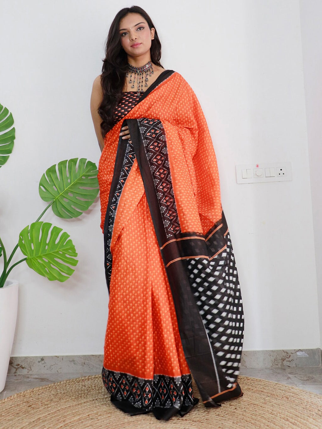 Saree Mall Orange & Black Ethnic Motifs Printed Pure Cotton Sarees | Grocsy