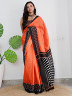 Saree Mall Orange & Black Ethnic Motifs Printed Pure Cotton Sarees | Grocsy