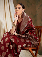 Sangria Maroon Ethnic Motifs Woven Design Zari Banarasi Saree | Grocsy