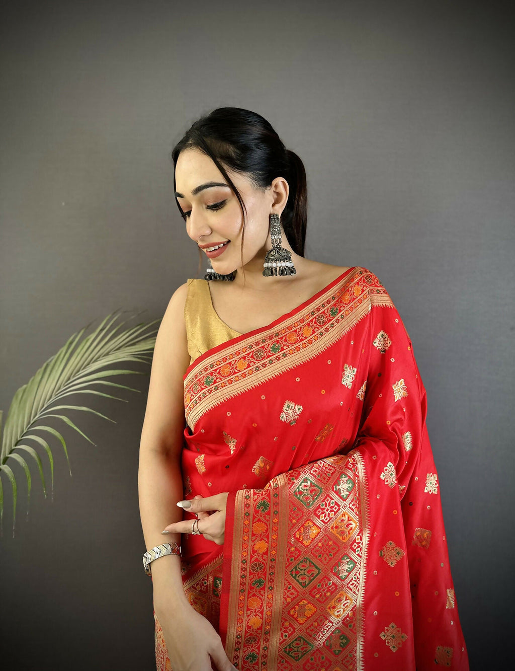 Joban Fashion Carmine Red Geometric Pattern Soft Silk Patola Saree | Grocsy