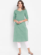 Janasya Women Green Geometric Printed Cotton Kurta | Grocsy