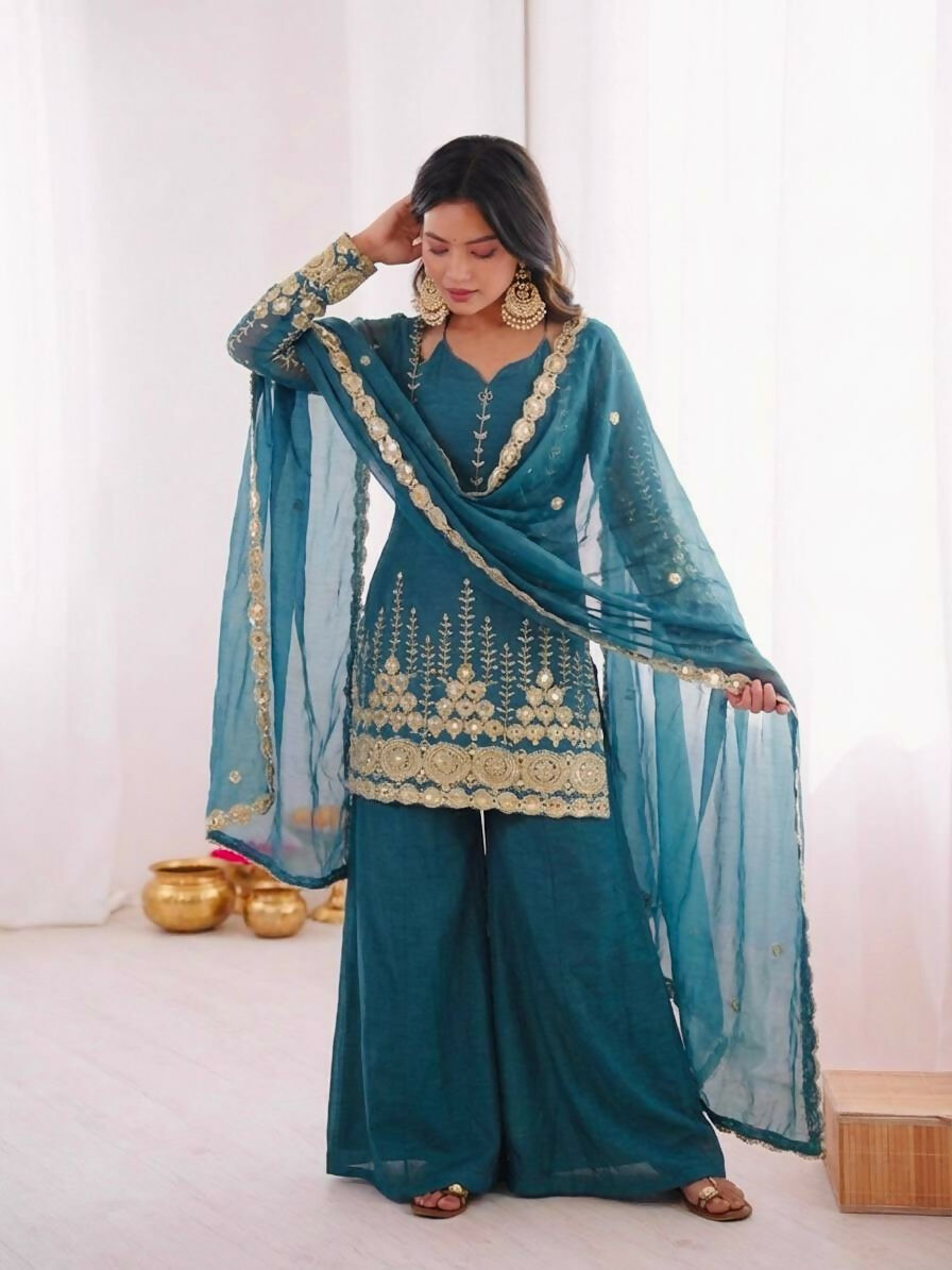 Teeya Creation New Trendy Women’s Ethnic Wear Kurta Sharara Set - Blue | Grocsy