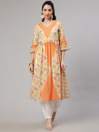 Aks Floral Printed V-Neck Bell Sleeves Pleated Cotton Kurta | Grocsy