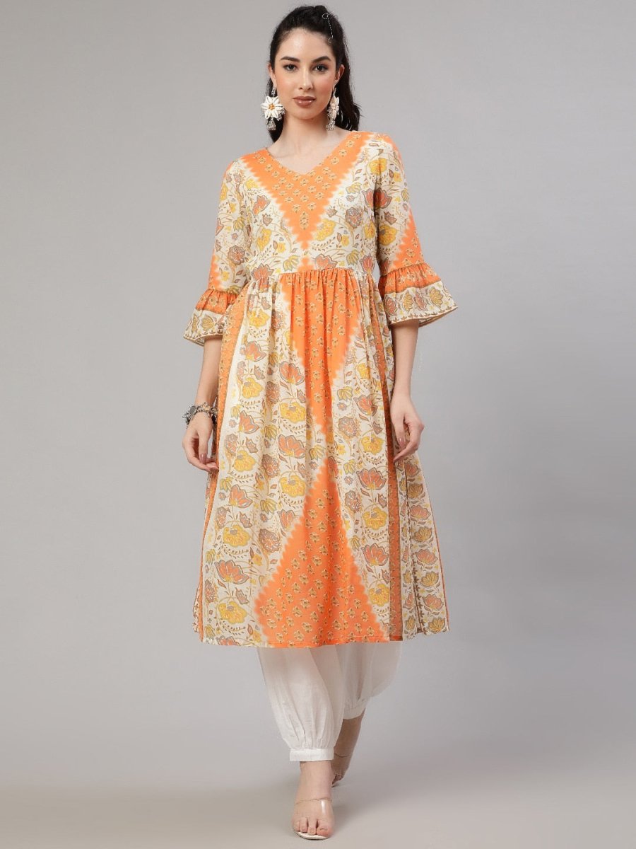 Aks Floral Printed V-Neck Bell Sleeves Pleated Cotton Kurta | Grocsy