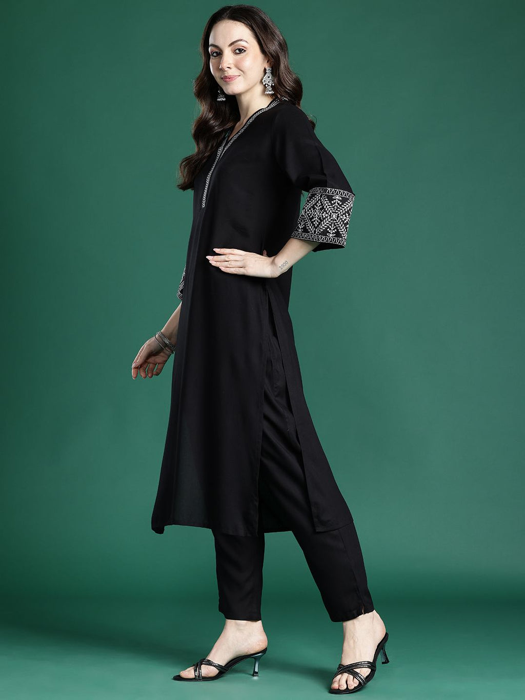 Indo Era Ethnic Motifs Embroidered Regular Kurta with Trousers | Grocsy