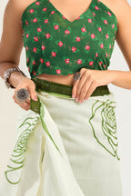 Vastranavya Green Digital Printed Linen Ready To Wear Designer Saree with Unstitched Blouse | Grocsy