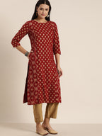 Sangria Women Maroon & Gold-Toned Ethnic Motifs Printed Kurta | Grocsy