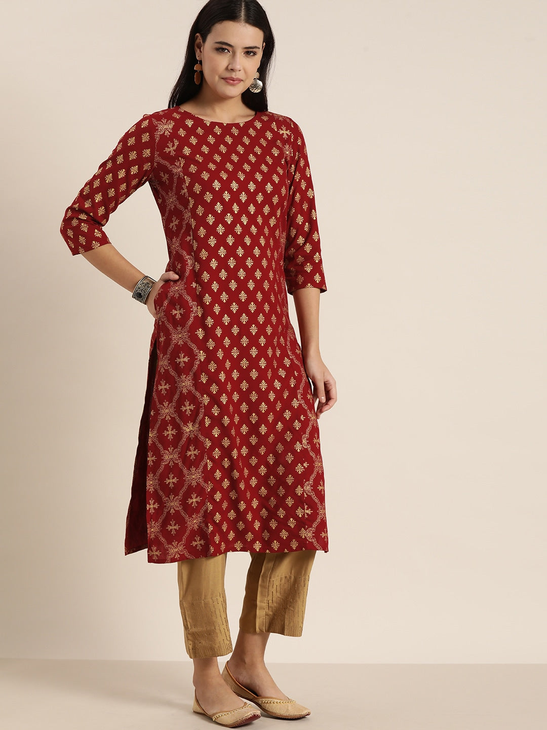 Sangria Women Maroon & Gold-Toned Ethnic Motifs Printed Kurta | Grocsy