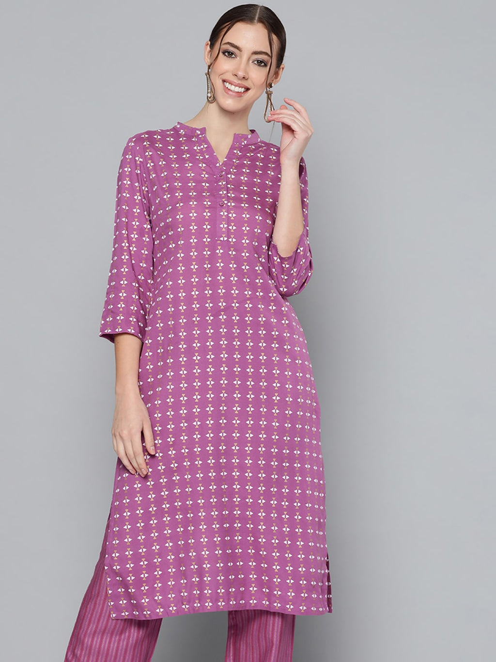 HERE&NOW Women Purple Printed Regular Kurta with Palazzos | Grocsy