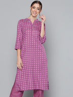 HERE&NOW Women Purple Printed Regular Kurta with Palazzos | Grocsy