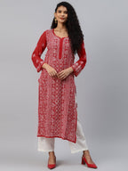 ADA Women Red & White Hand Embroidered Chikankari Sustainable Handloom Kurta With Matching Slip | Grocsy