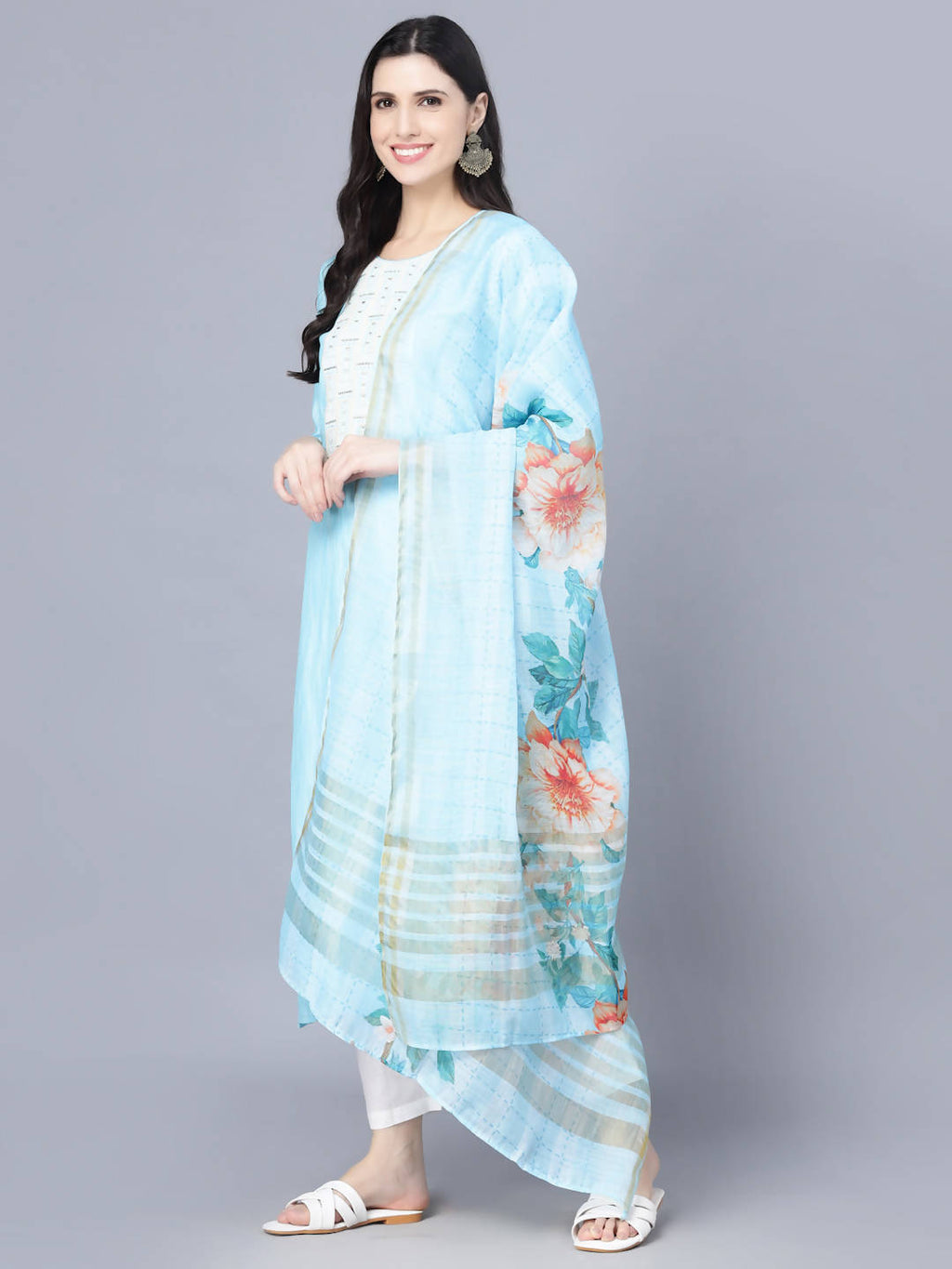 Myshka Women Turquoise Blue Panelled Pure Cotton Kurta with Trousers With Dupatta | Grocsy