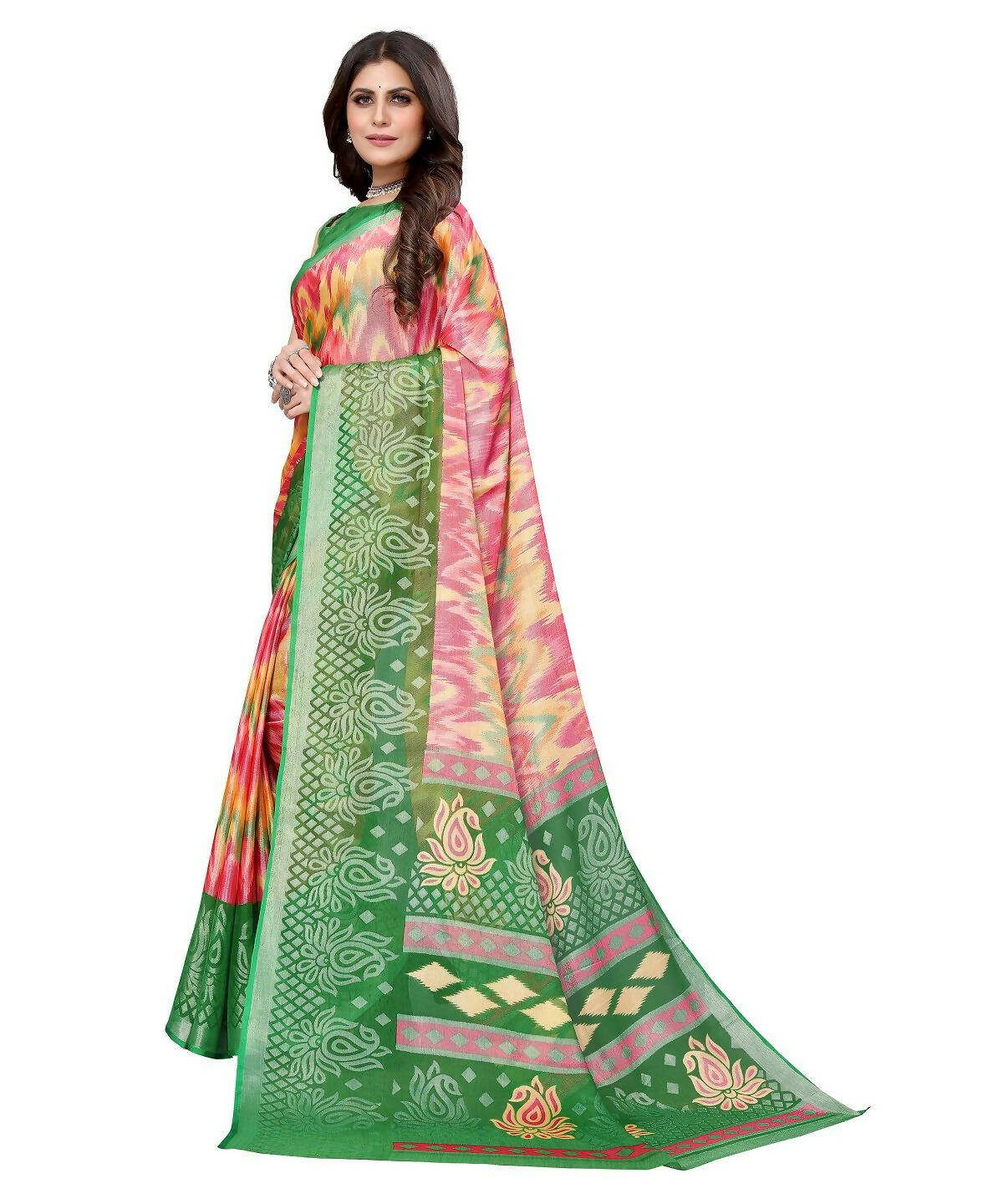 Vamika Pink Chiffon Brasso Bollywood Style Woven Saree (KARUNA GREEN) | Grocsy