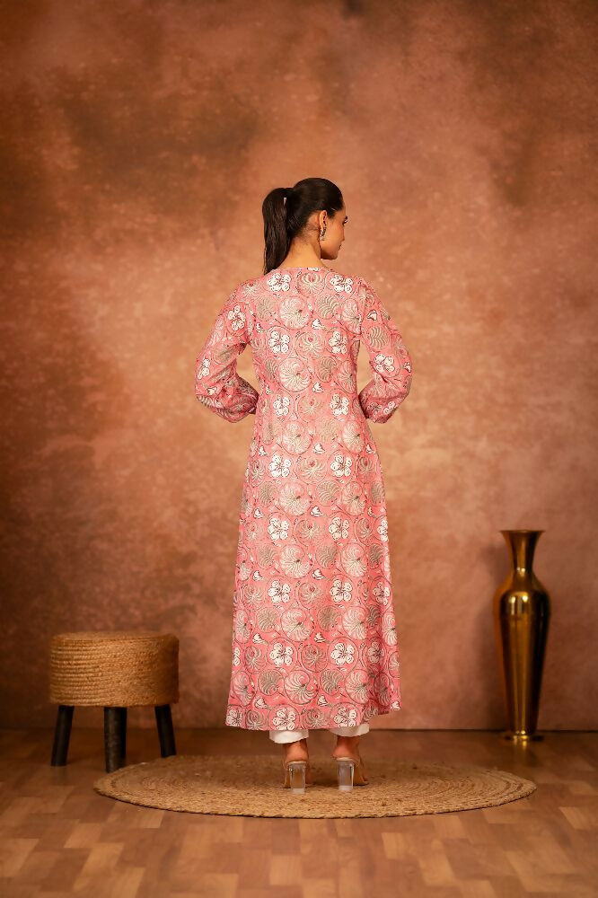 Joban Fashion Pink Floral Hand Block Printed Cotton Kurta Pant Set | Grocsy