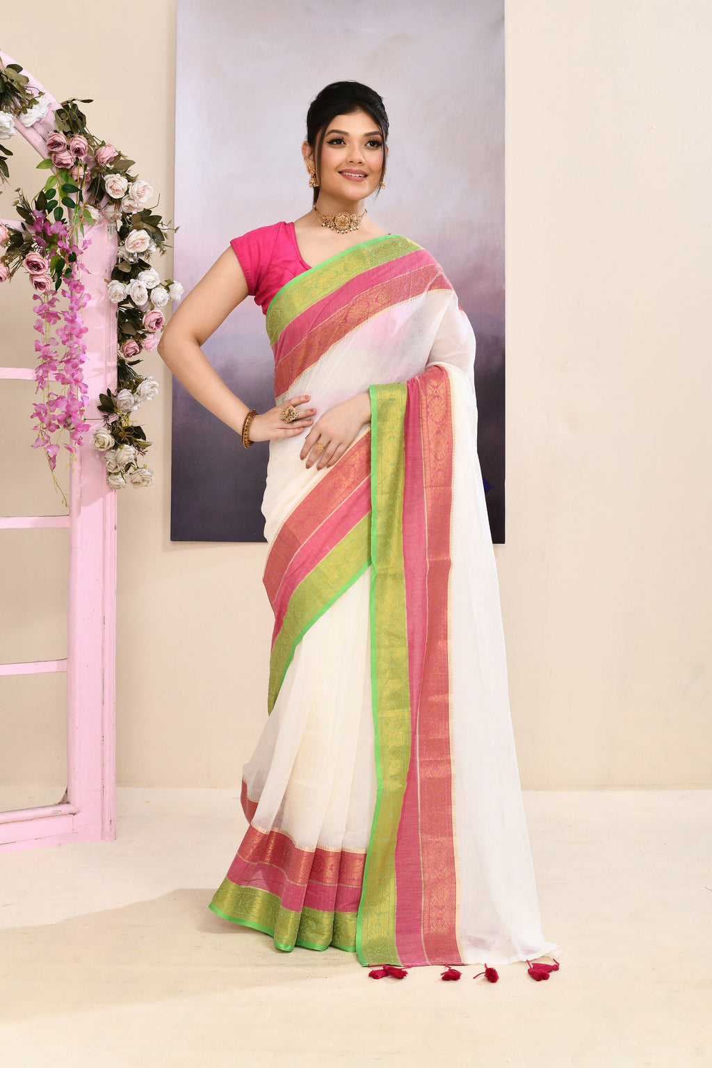 Piyari Fashion Women's Off White Embellished Zari Border Cotton Saree | Grocsy