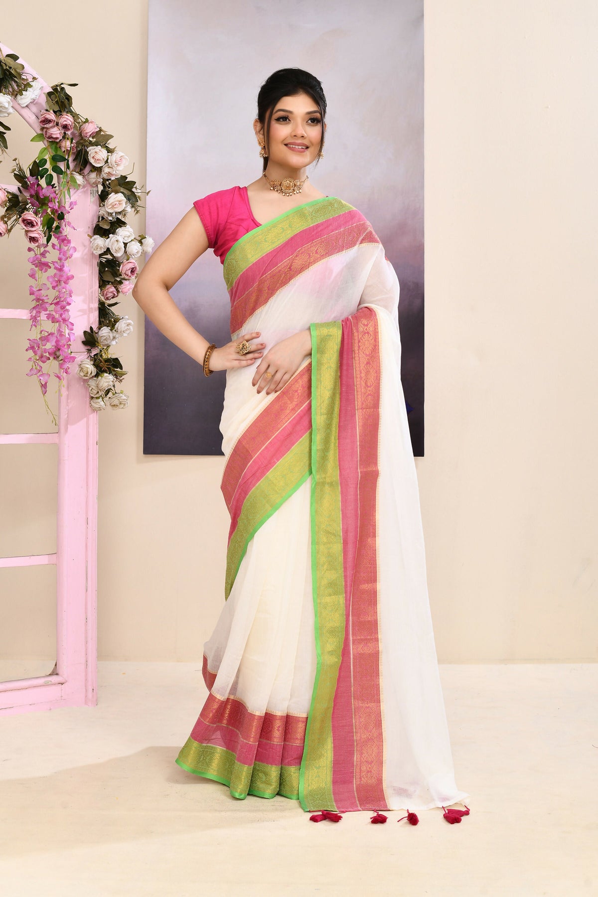 Piyari Fashion Women's Off White Embellished Zari Border Cotton Saree | Grocsy