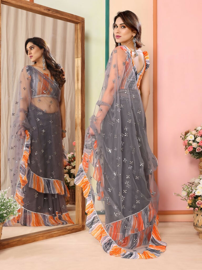 Partywear Designer Grey Net Fancy Saree - Dyuti | Grocsy