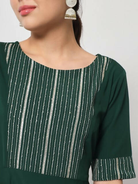 FIORRA Women's Bottle Green Poly Crepe Flared Kurta With Dupatta | Grocsy