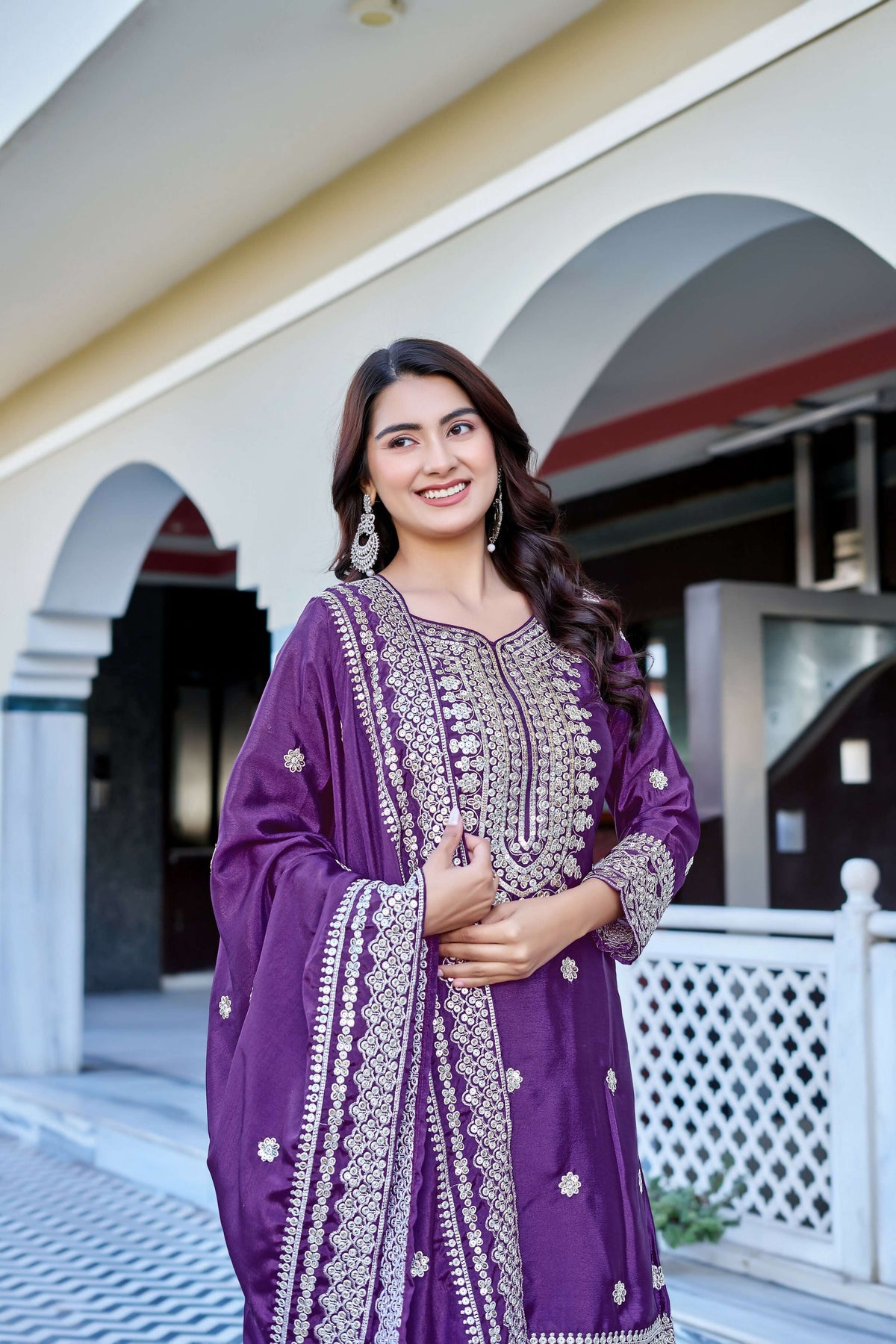 Teeya Creation Wine Color Chinon Silk Heavy Embroidery Work Wedding Wear Sharara | Grocsy