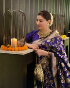 DEIANA'S Beautiful Designer Golden zari Soft Lichi Silk Saree - Blue | Grocsy