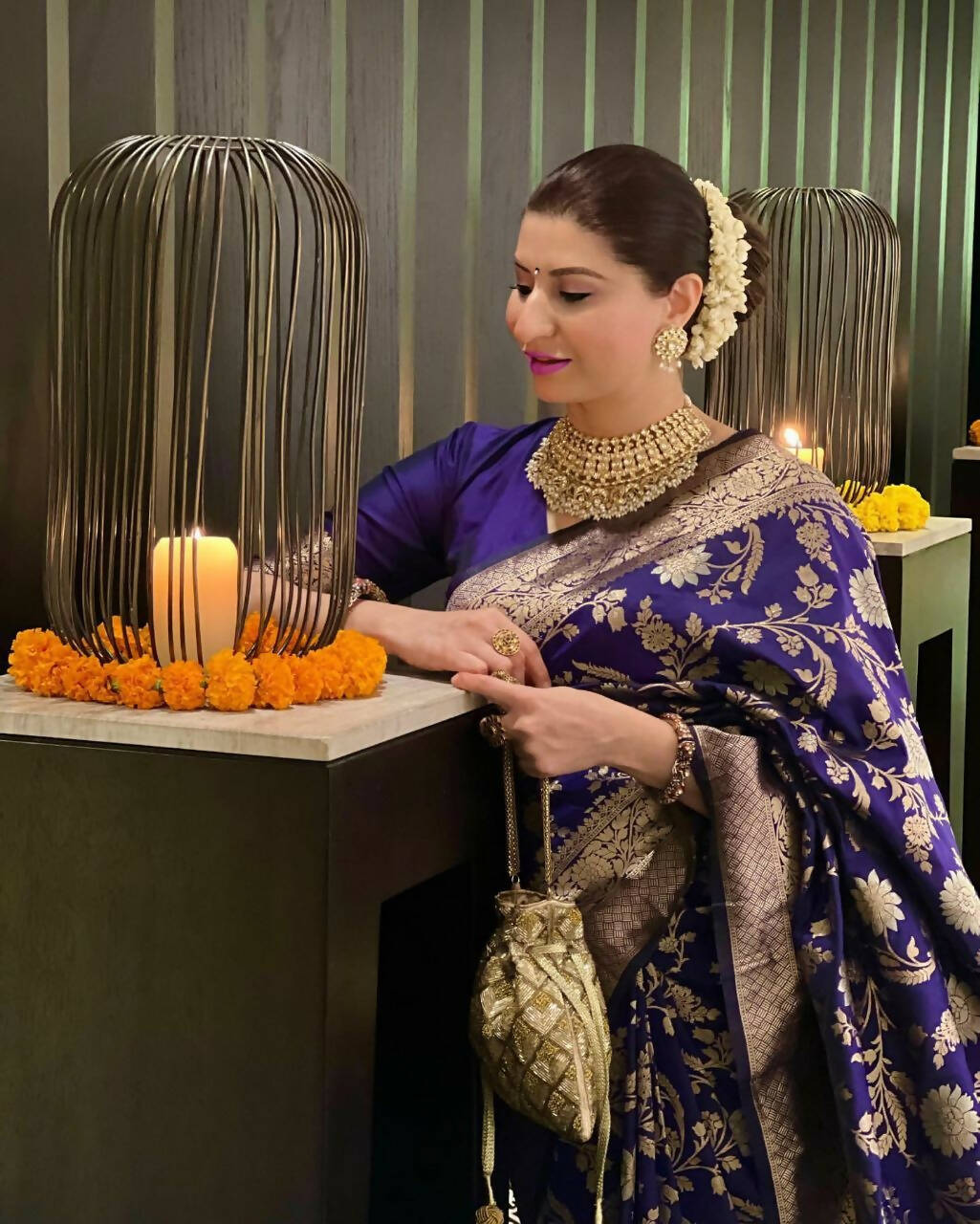 DEIANA'S Beautiful Designer Golden zari Soft Lichi Silk Saree - Blue | Grocsy