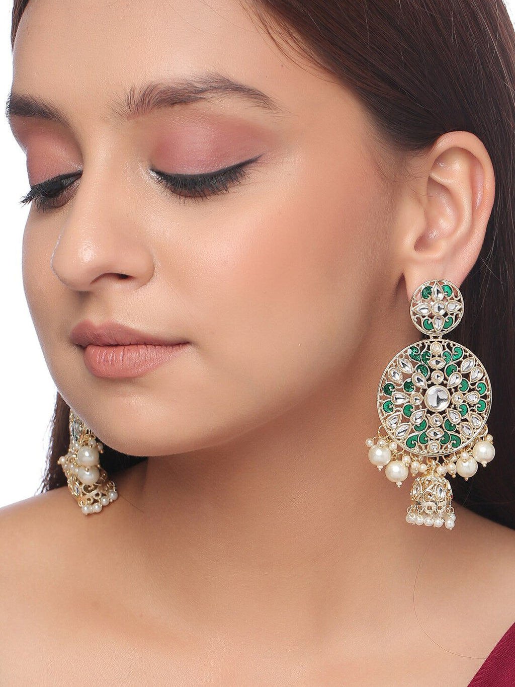 Shoshaa Green & Gold-Polished Kundan Studded Contemporary Jhumkas Earrings | Grocsy