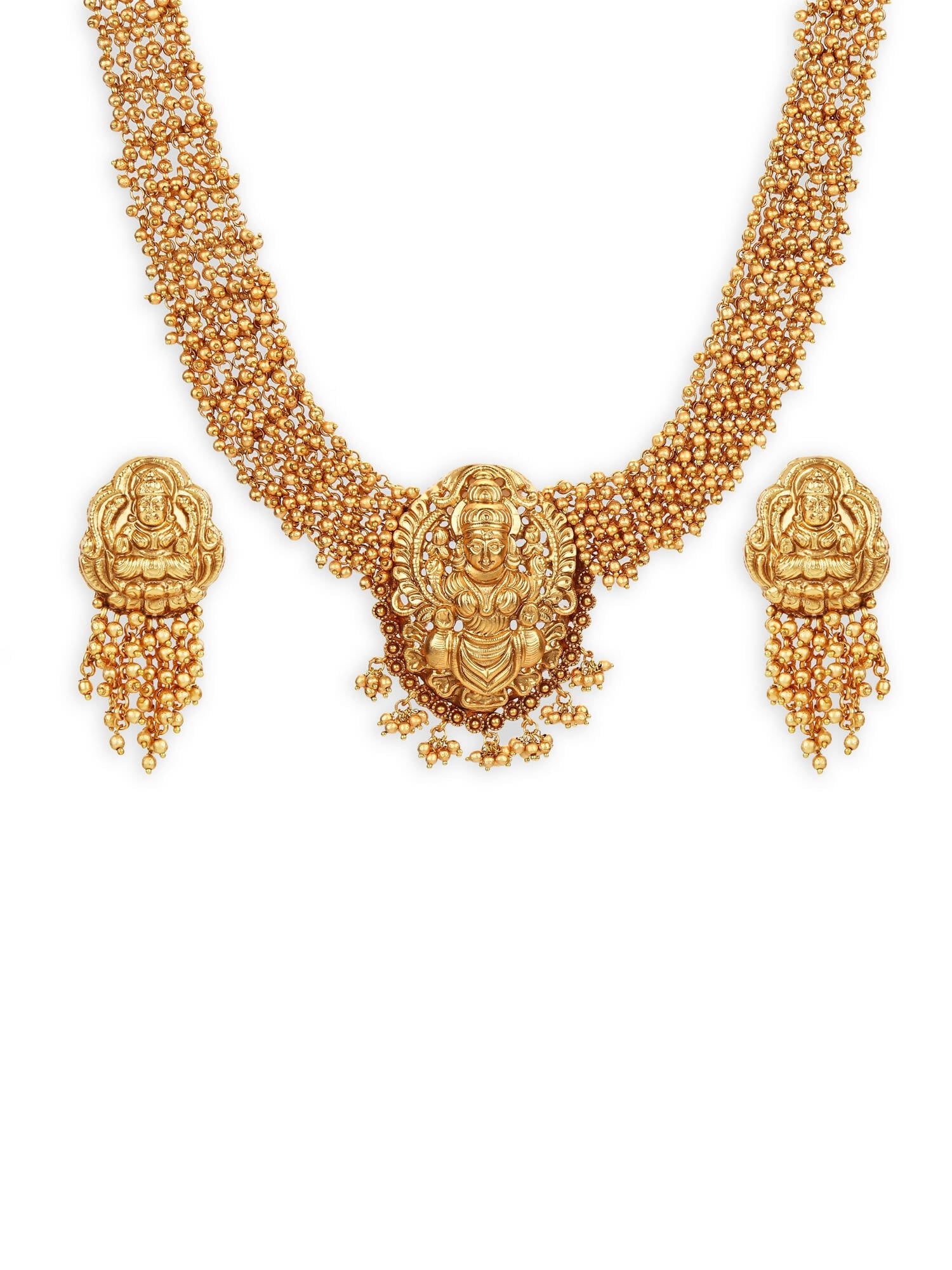 Gold-Polished Pearls Beaded Temple Jewellery Set - Ruby Raang | Grocsy